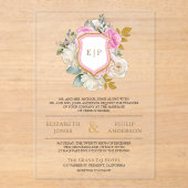 Pastel Roze Bloemkam Monogram Huwelijk Acryl Uitnodigingen (Voorkant)