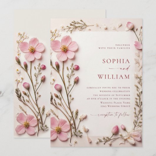 Pastel Roze Blush Boho Wildflowers Wedding Kaart (Voorkant / Achterkant)