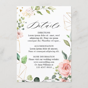 Pastel Roze Blush Roos Bloemen Trouwdetails Informatiekaartje