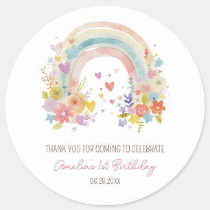 Pastel Roze Boho Regenboog Bloem 1e Verjaardag Ronde Sticker