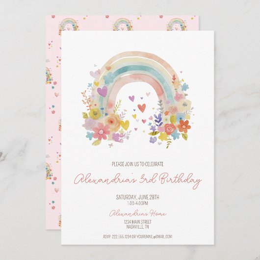Pastel Roze Boho Regenboog Bloemen 3e verjaardag Kaart