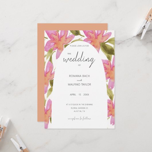 Pastel Roze Boho Watercolor Bloemen Kaart (Voorkant / Achterkant in situ)