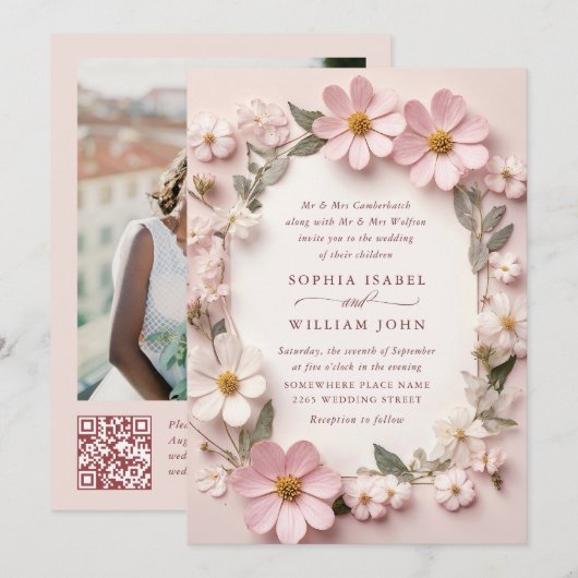 Pastel Roze Boho Wildbloemen Bruiloft QR-code Foto Kaart (Voorkant / Achterkant)