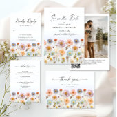 Pastel Roze Boho Wildbloemen Bruiloft QR-code Foto Kaart