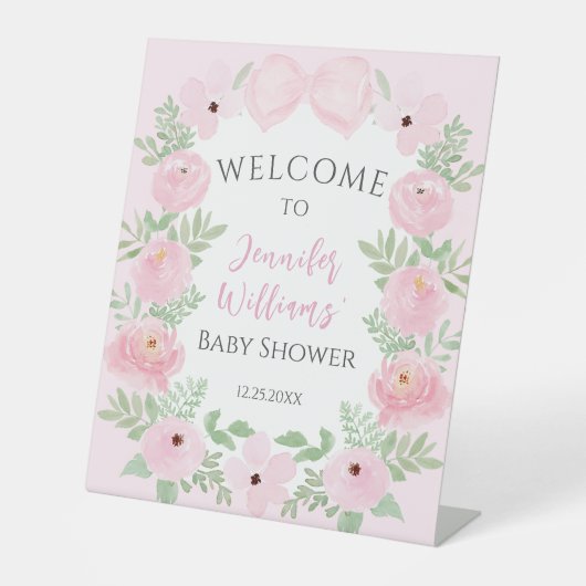 Pastel roze boog bloemenbord baby shower welkomstb reclamebord met voetstuk (Voorkant)