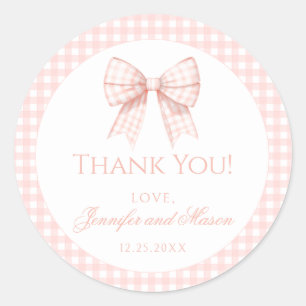 Pastel roze boog gingham baby shower dank u ronde sticker