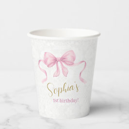 Pastel Roze Bow & Elegant Gouden Script Verjaardag Papieren Bekers