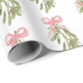 Pastel Roze Bow op kerstmis Mistletoe Gift Cadeaupapier (Rol Hoek)