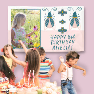 Pastel Roze Bugs Bloemenmeisje Foto Verjaardag Spandoek