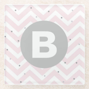 Pastel Roze Chevron en Stippen Grijs Monogram Glazen Onderzetter