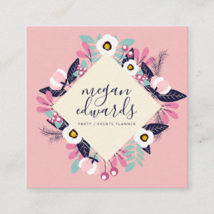 Pastel roze crème script boho bloemenillustratie vierkante visitekaartje