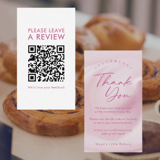 Pastel Roze Crème Script Laat een Review QR Code Visitekaartje