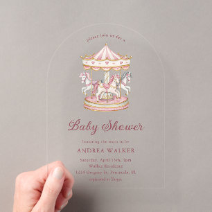 Pastel Roze Cute Carousel Meisje Baby Shower Boog Acryl Uitnodigingen