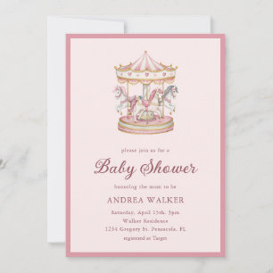 Pastel Roze Cute Carousel Meisje Baby Shower Kaart
