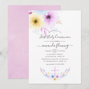 Pastel Roze en Blauw Bloemen Eerste Heilige Commun Kaart