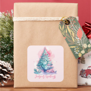 Pastel roze en blauw grillige kerstboom vierkante sticker