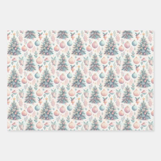 Pastel Roze en Blauwe Kerstbomen Versierd Inpakpapier Vel (Voorkant)