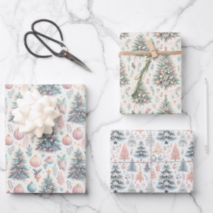 Pastel Roze en Blauwe Kerstbomen Versierd Inpakpapier Vel
