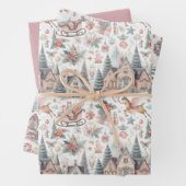 Pastel Roze en Blauwe Kersthuizen en Rendieren Inpakpapier Vel (In situ)