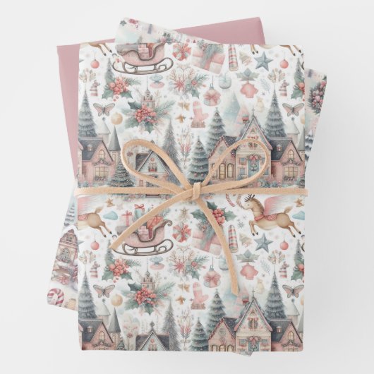 Pastel Roze en Blauwe Kersthuizen en Rendieren Inpakpapier Vel (In situ)