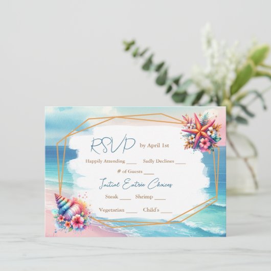 Pastel Roze en Blauwe Oceaan Uitzicht Bruiloft RSV Kaart (Staand voorkant)