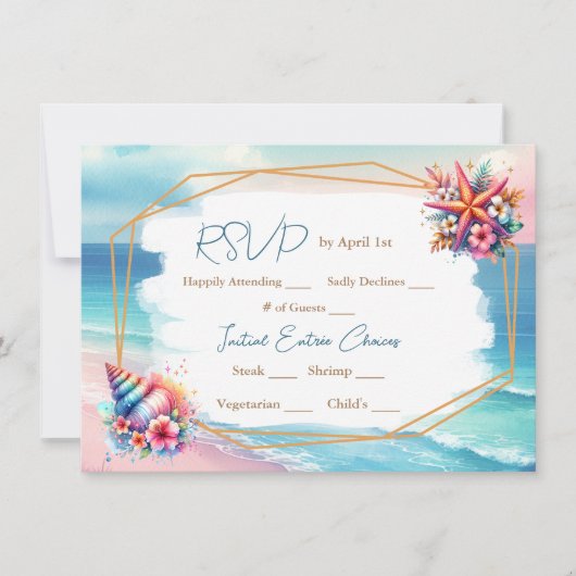 Pastel Roze en Blauwe Oceaan Uitzicht Bruiloft RSV Kaart (Voorkant)