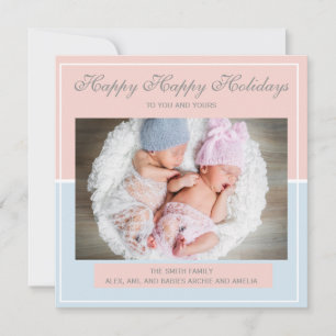 Pastel Roze en Blauwe Tweeling Jongen Meisje Foto Feestdagenkaart