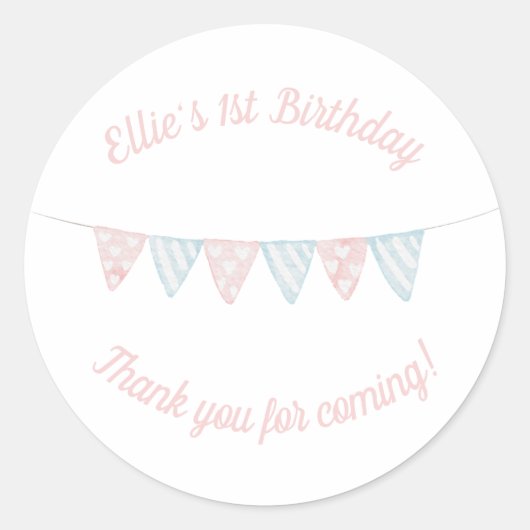 Pastel roze en blauwe verjaardagsbanner bedankt ronde sticker (Voorkant)