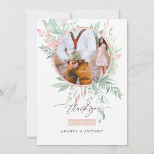 Pastel Roze en Groen Huwelijksfoto Bedankkaart