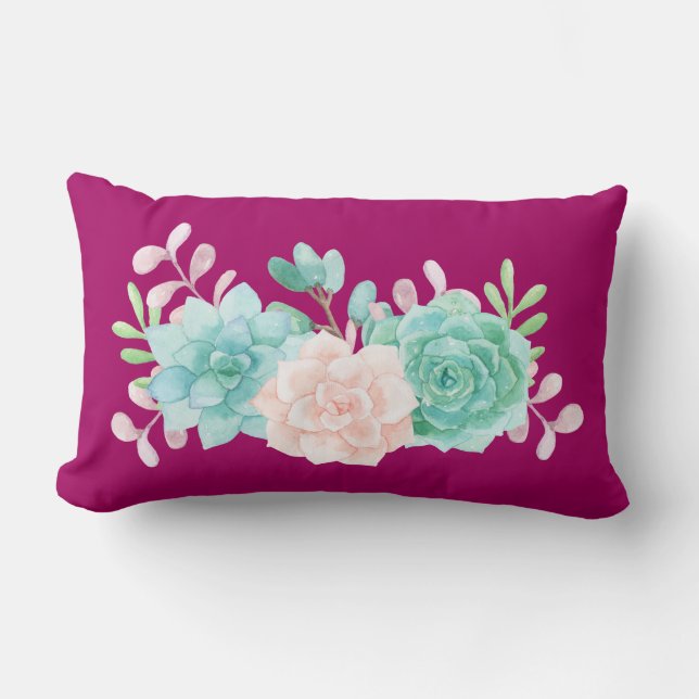 Pastel Roze en Groene Floral Bouquet op Magenta Te Kussen (Voorkant)