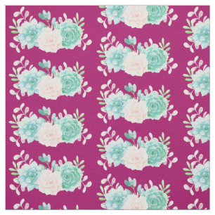 Pastel Roze en Groene Floral Bouquet op Magenta Te Stof
