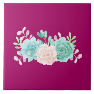 Pastel Roze en Groene Floral Bouquet op Magenta Te Tegeltje