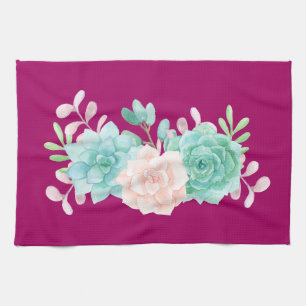 Pastel Roze en Groene Floral Bouquet op Magenta Te Theedoek