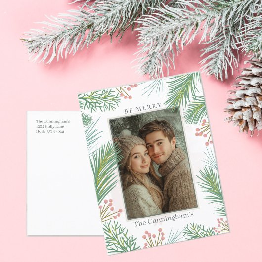 Pastel Roze en Groene Holly Kerstmis Feestdagenkaart