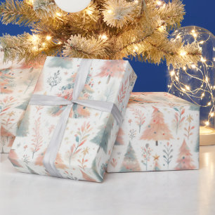 Pastel Roze en Groene Kerstbomen Cadeaupapier