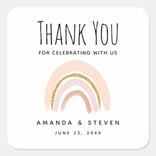 Pastel Roze & Faux Glitter Boho Regenboog Bruiloft Vierkante Sticker (Voorkant)