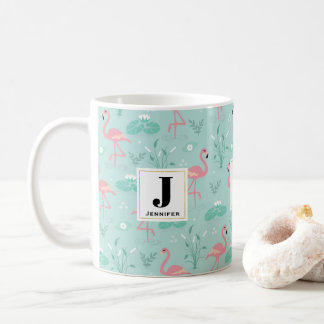 Pastel roze flamingo's groen patroon monogram koffiemok