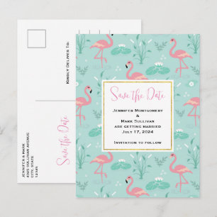 Pastel Roze Flamingo's Groen Patroon Save the Date Uitnodiging Briefkaart