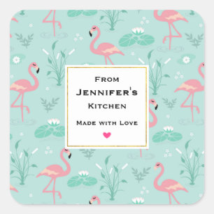 Pastel Roze Flamingo's Groene Patroon Keuken Vierkante Sticker