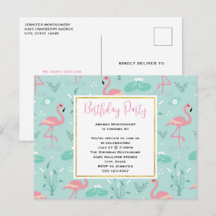 Pastel roze flamingo's op groene patroon verjaarda uitnodiging briefkaart