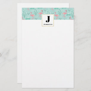 Pastel roze flamingo's patroon Monogram Briefpapier