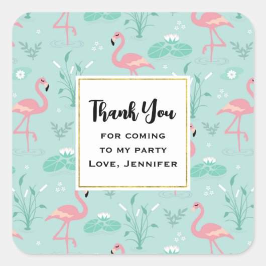 Pastel roze flamingo's patroonfeest dank u vierkante sticker (Voorkant)