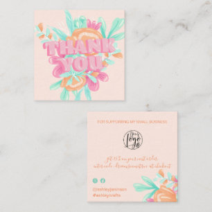 Pastel roze floral retro scriptvolgorde bedankt vierkante visitekaartje