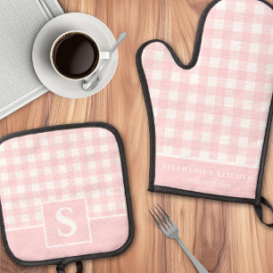 Pastel Roze Gingham Geruit Geruit Monogrammeermerk Ovenwant & Pannenlap Set