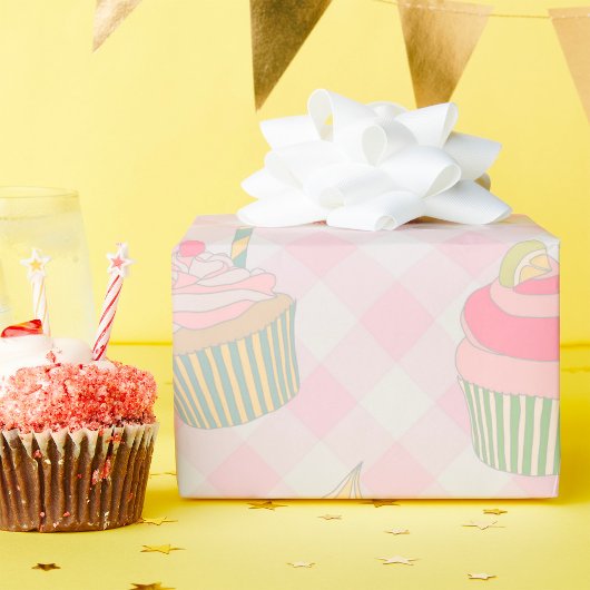 Pastel Roze Gingham Mooie Cupcakes Patroon Cadeaupapier