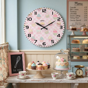 Pastel Roze Gingham Mooie Cupcakes Patroon Grote Klok