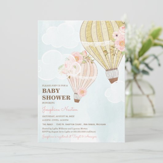 Pastel Roze & Gold Hot Air Ballon Baby shower Kaart (Staand voorkant)
