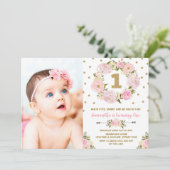 Pastel Roze Gouden Bloem Eerste 1e Verjaardag Uitn Kaart (Staand voorkant)