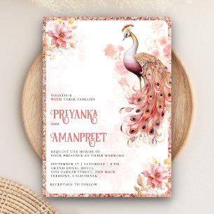 Pastel Roze Gouden Bloemmotief Indische Pauw Huwel Kaart