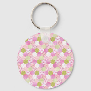 Pastel Roze Groen Patchwork Quilt Design Sleutelhanger